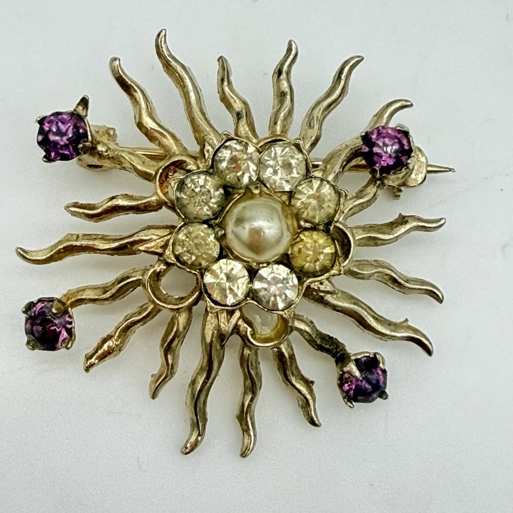Vintag Starburst Brooch Pin Purple Rhinestones Faux Pearl